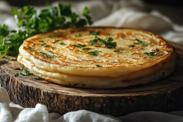 Golden-brown paratha, layered flatbread, garnished with fresh cilantro, served on rustic wood.