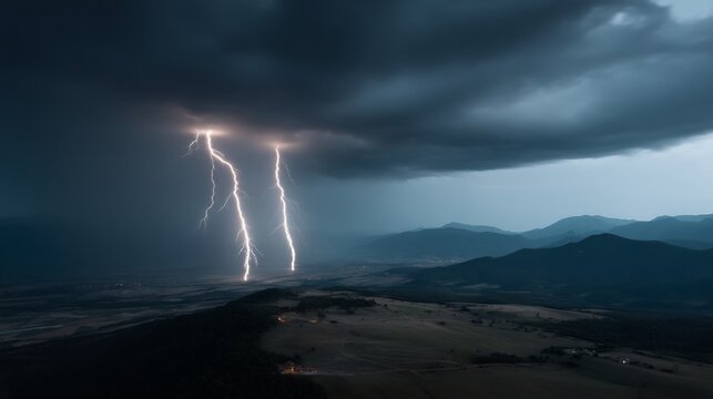 Dramatic lightning strikes over a mountain range.
