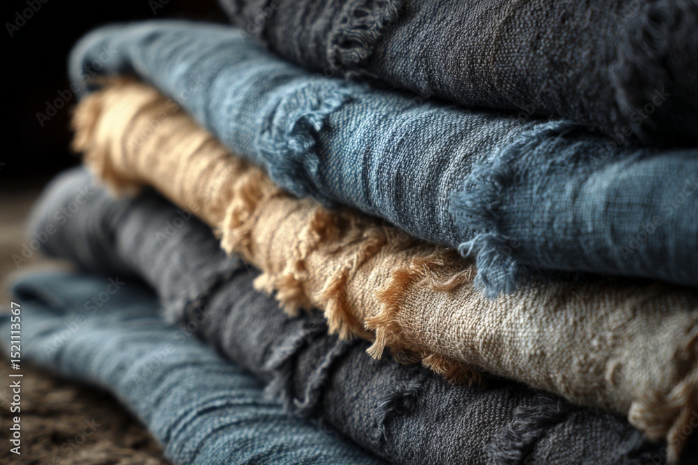 Poster beautifully arranged stack of textured fabrics showcasing various colors and styles in a cozy indoor