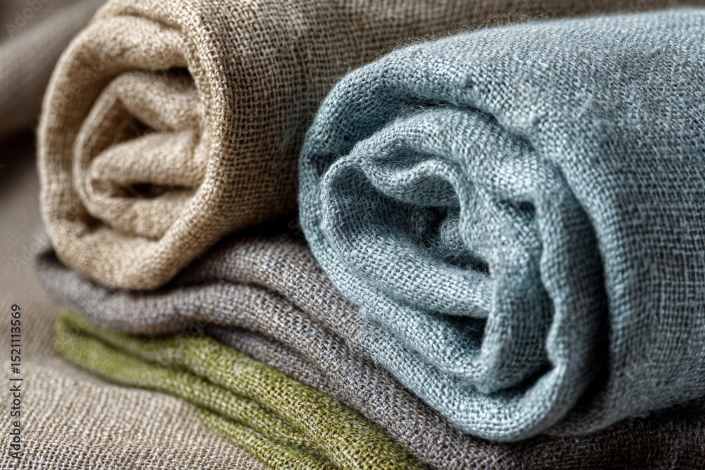 Aufkleber Soft linen fabrics neatly rolled in earthy tones showcasing texture and craftsmanship from a textile workshop display