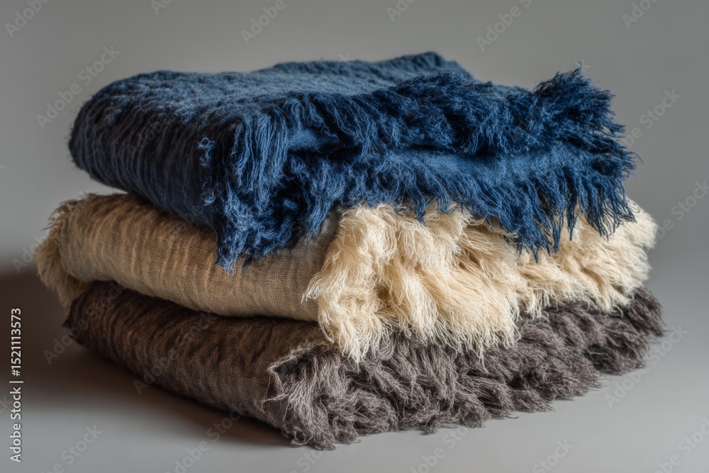 Poster soft, textured handmade blankets stacked in neutral colors displaying artisanal craftsmanship for co