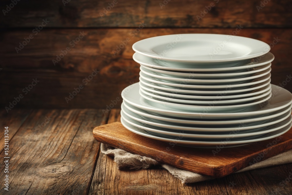 Aufkleber stacked white plates on a wooden board against a rustic background in a cozy dining setting