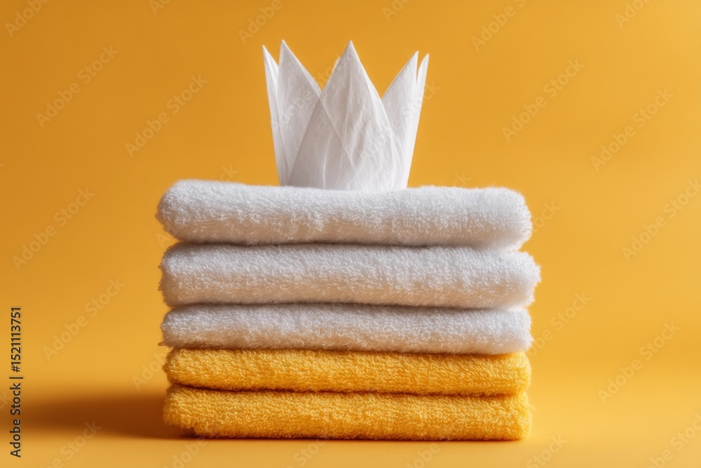 Poster stacked towels and a decorative tissue crown on a vibrant yellow background for a cheerful home sett