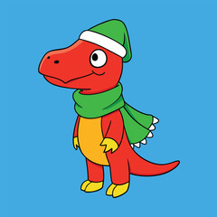 Red Dinosaur Toy Wearing Green Scarf And Yellow Santa Hat Vector Illustration
