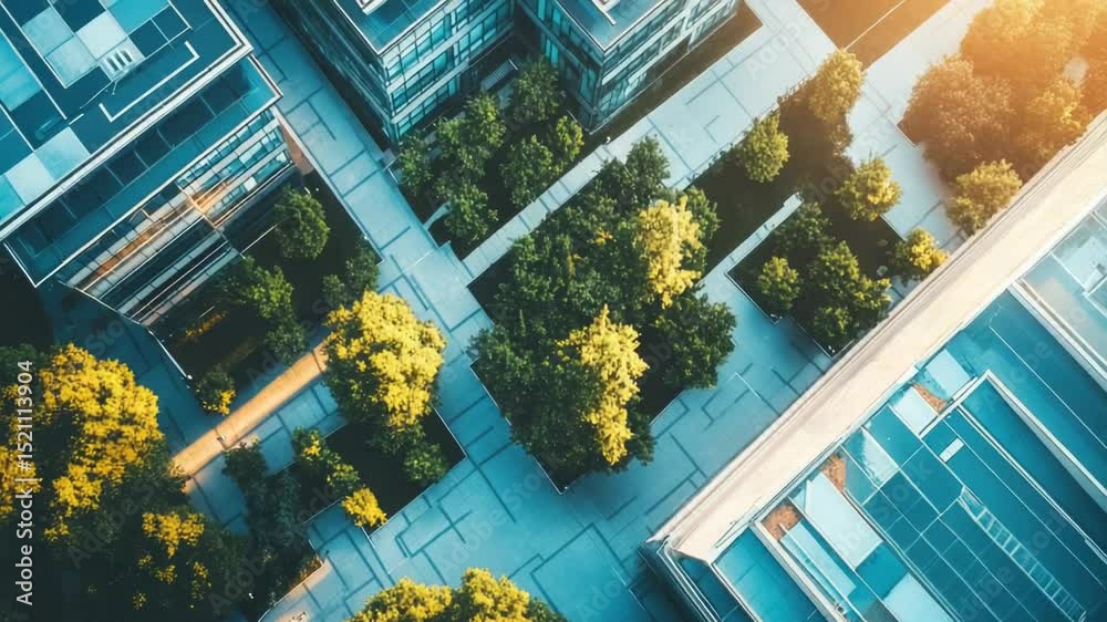 Poster aerial perspective of urban landscape with greenery and architecture, suitable for planning, archite