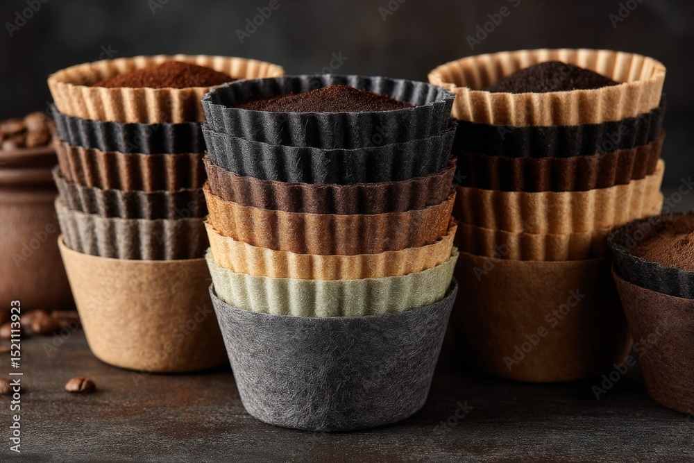 Leinwandbilder coffee filter cups stacked in various colors and styles on a rustic table near coffee beans