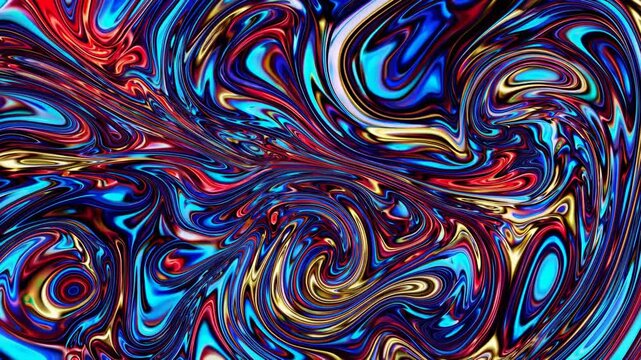 Colorful abstract patterns evolve and morph, creating a mesmerizing visual experience with swirling blues, reds, golds, and blacks blending seamlessly