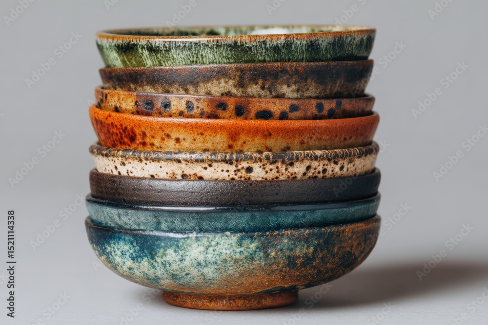 Poster stacked ceramic bowls showcasing various earthy colors and textures in a simple arrangement on a neu