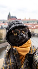 Stylish cat wearing glasses and a hat, gazing at a city view.