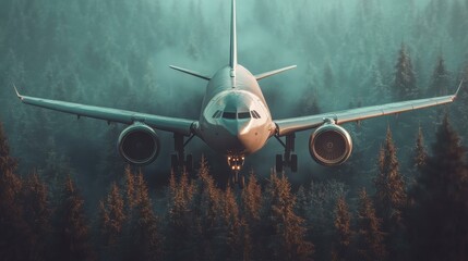 Airplane flying low through misty forest landscape, creating a dramatic atmosphere in nature