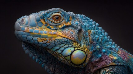 Fototapeta premium Detailed close-up of a vibrant iguana's head.