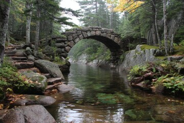 Stone arch bridge over tranquil waterway surrounded by lush forest in an early morning mist