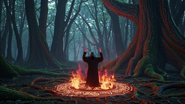 Mysterious sorcerer wearing a black cloak is raising his hands, conjuring a magic spell while standing in a burning pentagram in the middle of a spooky forest