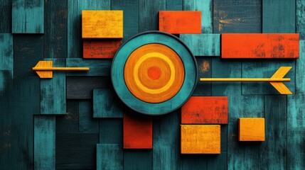 Abstract art composition featuring colorful wooden shapes arranged around a central target