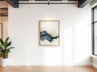 Office wall art mockup featuring modern abstract artwork hung on a white wall in a stylish office interior setting, office, white wall, interior design