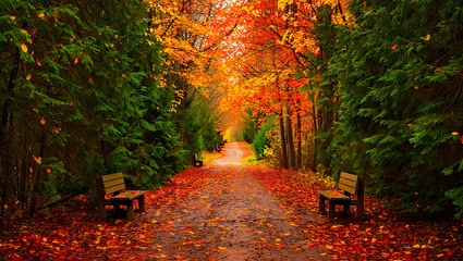 Naklejka premium An enchanting path winds through the autumn forest, showcasing vibrant fall foliage and the serene beauty of nature