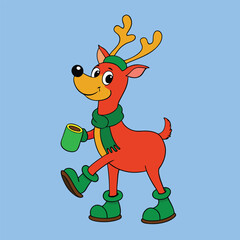 Reindeer With Green Boots And Red Nose Carrying A Gift Vector Illustration