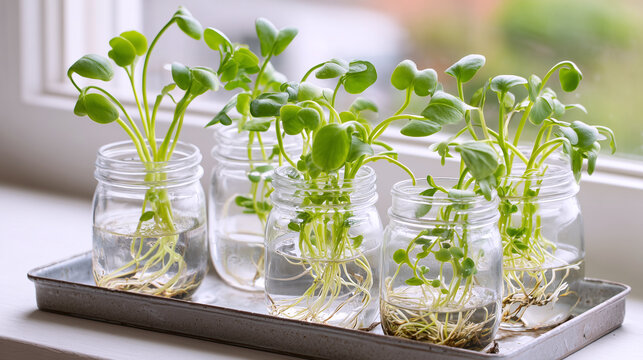 Microgreens growing in jars on windowsill
