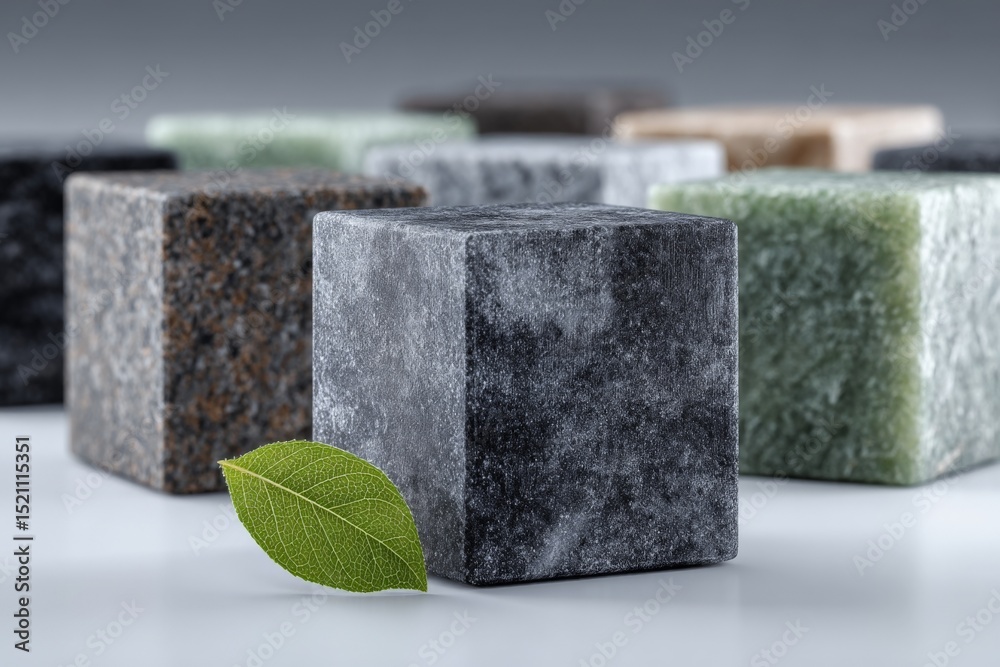 Poster Natural stone cubes with a leaf arranged creatively on a surface, showcasing various colors and textures in a modern display