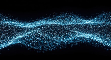 Abstract representation of glowing blue particles flowing in waves against a black background