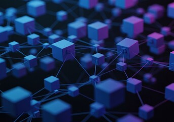Abstract representation of interconnected cubes in vibrant purple and blue tones against a dark background