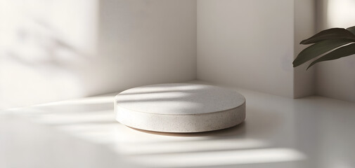 A minimalist, round, white platform sits on a white surface against a plain white wall, offering a clean, simple display space for product placement or design presentations. : Generative AI