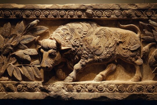 Carved relief of a bison surrounded by intricate designs at a historical exhibit in a museum