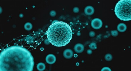 Abstract representation of microorganisms interacting in a digital environment with glowing effects
