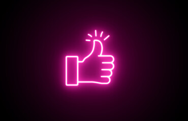 Neon Hand Thumb up like icon on black background. Bright Thumbs up social media like icon design black background. Neon Thumb up icon, Pink Color Like sign, Like symbol isolated on background