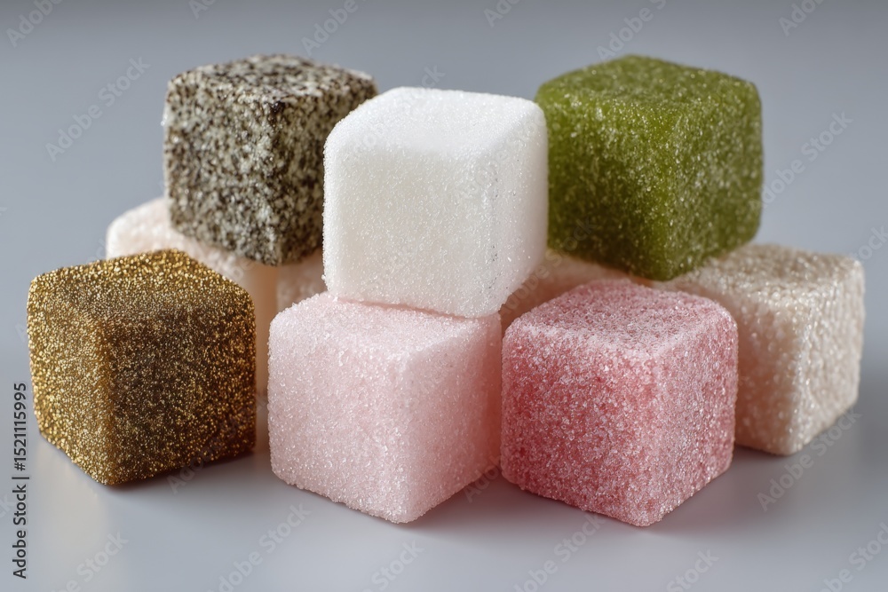 Poster colorful sugar cubes arranged creatively on a gray background display sweetness and texture