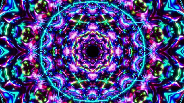 Colorful neon lights create a mesmerizing kaleidoscope pattern, forming a dynamic and vibrant visual experience perfect for vjing, stage shows, or digital art projects