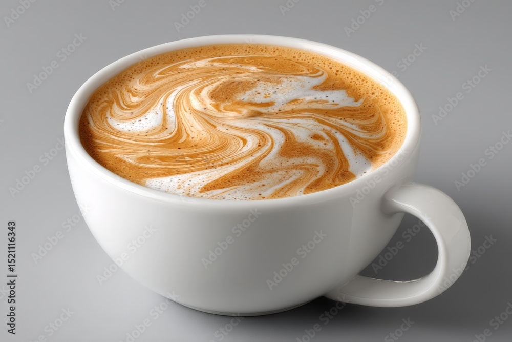 Poster richly swirled coffee with cream in a white cup on a neutral background showcasing delightful latte 
