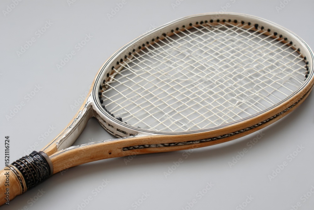 Poster vintage wooden tennis racket with intricate craftsmanship showcased on a neutral backdrop in a still