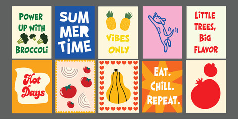 Vegan Summer Food Banner with Fresh Ingredients and Catchy Text. Features tomatoes, pomegranate, broccoli, pineapple, and avocado. Bright and modern layout ideal for plant-based brands, health food