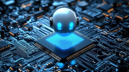 A futuristic digital scene featuring a glowing blue microchip with a stylized character wearing headphones, surrounded by intricate circuit patterns, symbolizing technology and innovation