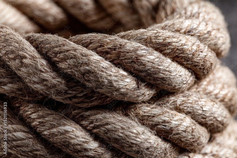 Aufkleber Close-up view of twisted natural fiber rope highlighting texture and material in well-lit setting