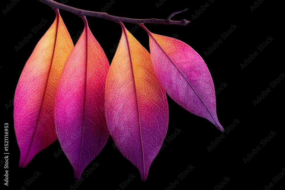 Poster colorful leaves transition from orange to pink, showcasing intricate vein patterns against a dark ba