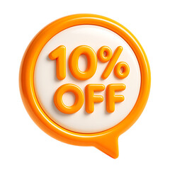 3D icon of 10 percent off in orange speech bubble isolated on transparent background