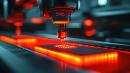 Advanced laser engraving machine operating on a metal surface, illuminated by red lights in a workshop