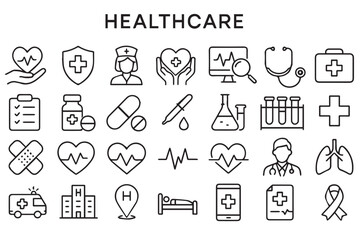 Medical and healthcare vector icons set, including heart, syringe, hospital, doctor, medicine, ambulance, and health symbols for healthcare applications Icons set