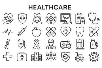 Healthcare icons set featuring symbols like medical crosses, stethoscope, syringe, pills, hospital, and medical professionals for health related topics Icons set