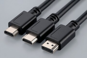 High-quality black cables with USB connectors arranged on a gray surface showcasing technology and connectivity