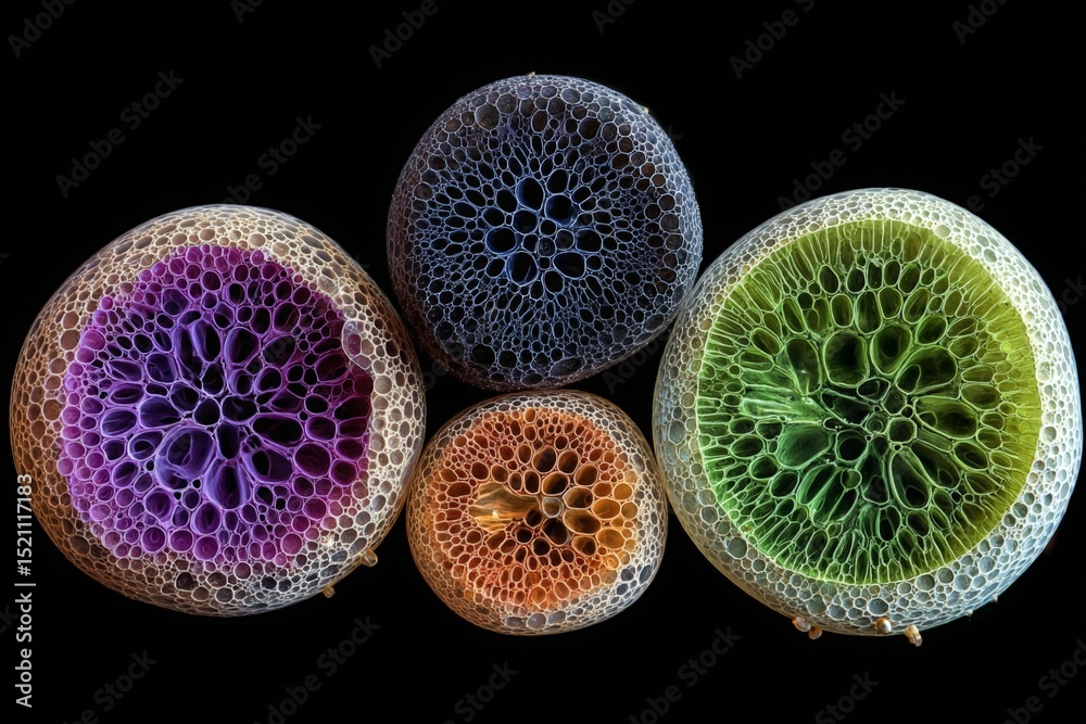 Poster Colorful microscopic view of plant cells showcasing vibrant structures and patterns in rich textures