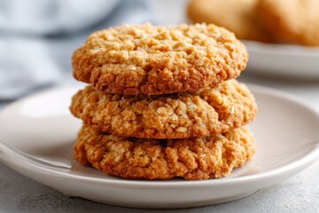 Delicious homemade oatmeal cookies stacked on a plate in a cozy kitchen setting
