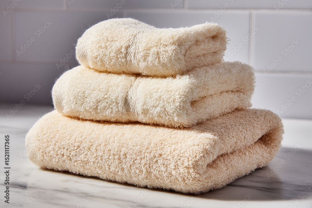 Poster Soft and plush towels stacked neatly on a marble surface in a bright bathroom setting