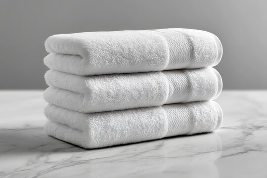Soft white towels neatly stacked on a marble countertop creating a minimalist aesthetic in a bathroom setting