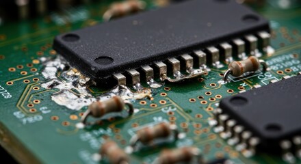 Close-up of a circuit board showcasing intricate electronic components and soldering details