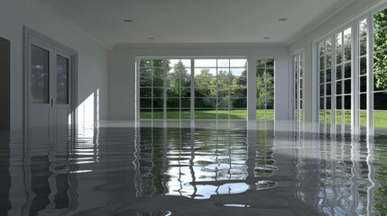 Flooded modern living room with large windows overlooking a green garden, sunlight streaming in