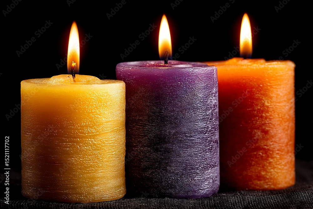 Aufkleber Colorful scented candles lit in a dark space creating a calming atmosphere during a relaxing evening
