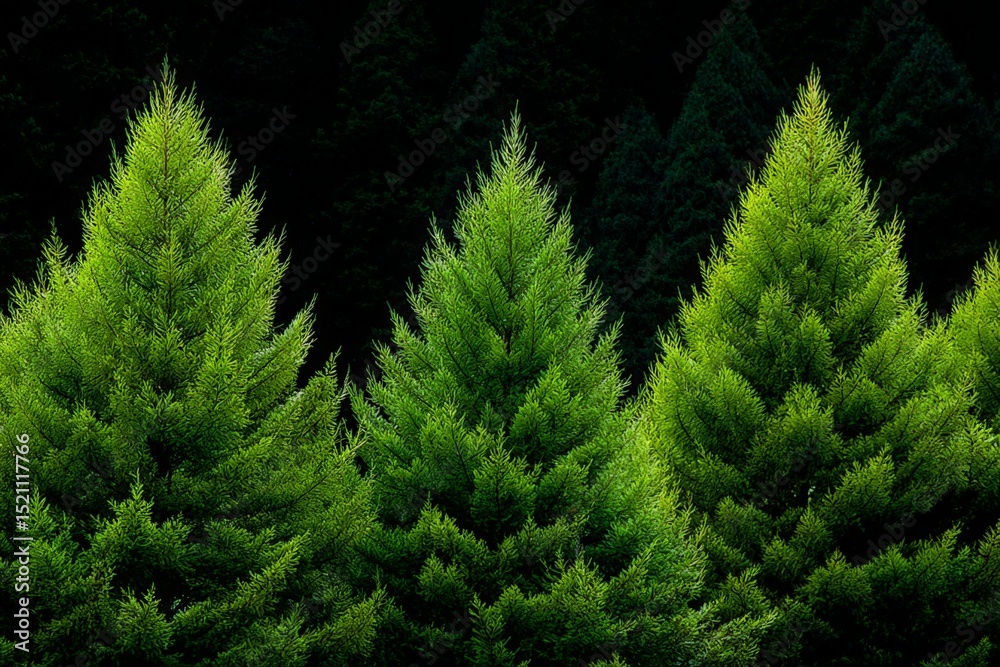 Poster lush green coniferous trees thriving in the sunlight surrounded by dark forest backdrop